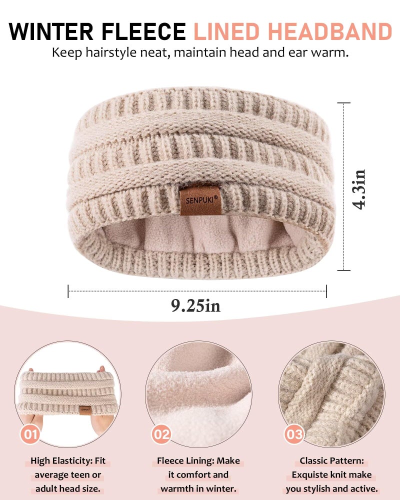SENPUKI Womens Winter Beanie Hat Scarf Gloves Headband Set, Slouchy Beanie Ear Warmer with Fleece Lined Thick Knit Neck Scarf Touchscreen Gloves, 4 Piece Fashionable Warm Gift Set for Cold Weather(Oatmeal) - Image 2