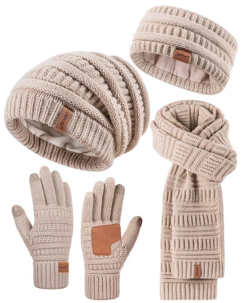 SENPUKI Womens Winter Beanie Hat Scarf Gloves Headband Set, Slouchy Beanie Ear Warmer with Fleece Lined Thick Knit Neck Scarf Touchscreen Gloves, 4 Piece Fashionable Warm Gift Set for Cold Weather(Oatmeal) - Image 1