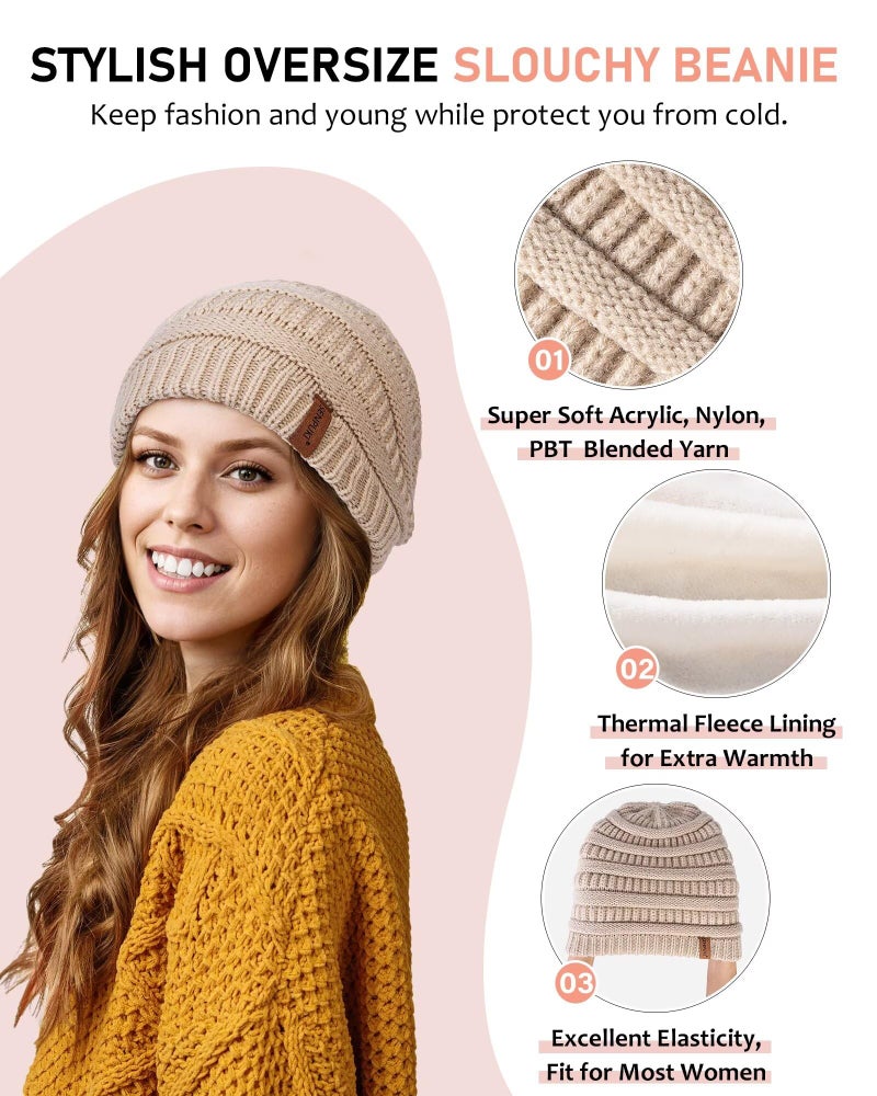 SENPUKI Womens Winter Beanie Hat Scarf Gloves Headband Set, Slouchy Beanie Ear Warmer with Fleece Lined Thick Knit Neck Scarf Touchscreen Gloves, 4 Piece Fashionable Warm Gift Set for Cold Weather(Oatmeal) - Image 4