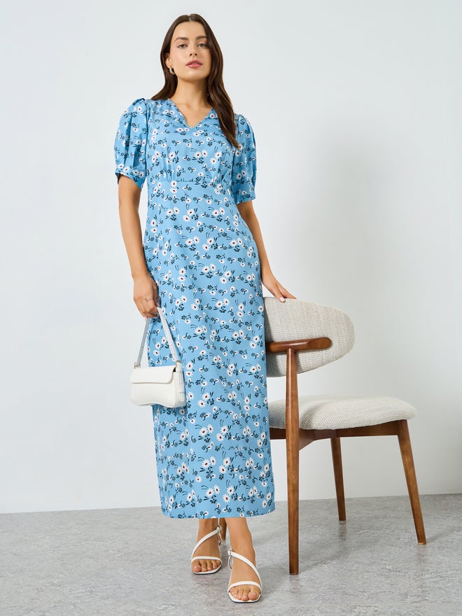 Take Two Blue Floral Maxi Dress with Puff Sleeves - Image 1