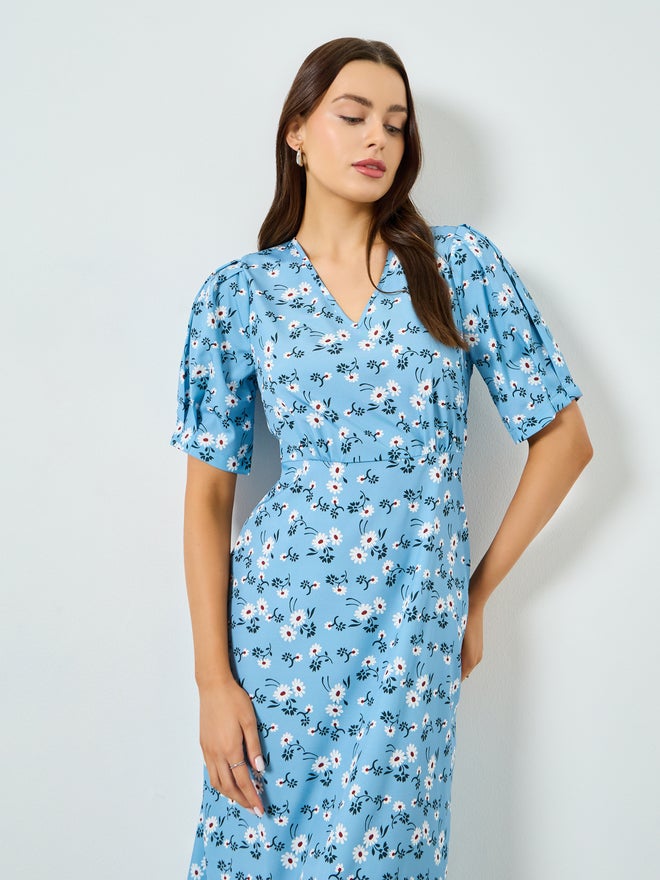 Take Two Blue Floral Maxi Dress with Puff Sleeves - Image 2