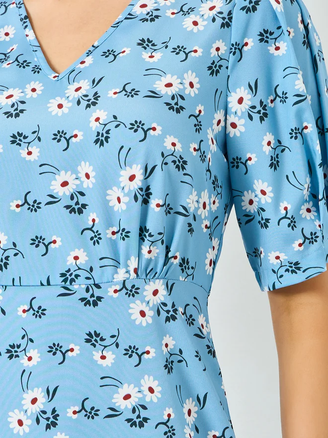 Take Two sky blue Blue Floral Maxi Dress with Puff Sleeves for Women | Best Price UAE
