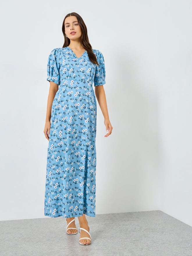 Take Two Blue Floral Maxi Dress with Puff Sleeves - Image 3