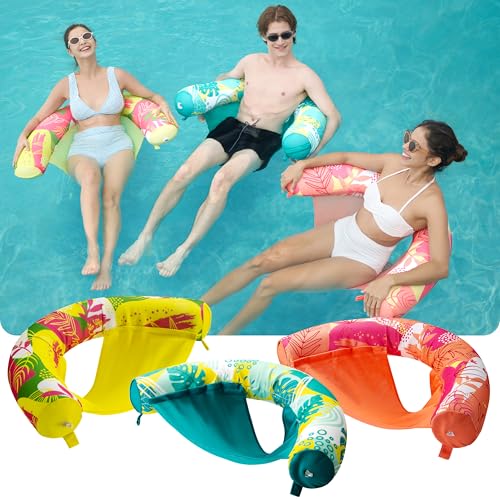 Sloosh 3 Packs Inflatable Pool Float Noodle Chair Floral Design Pool Noodle Sling Floatie Swimming Pool Party Floating Chair Pool Floats for AdultOrangeYellowGreen - Image 5