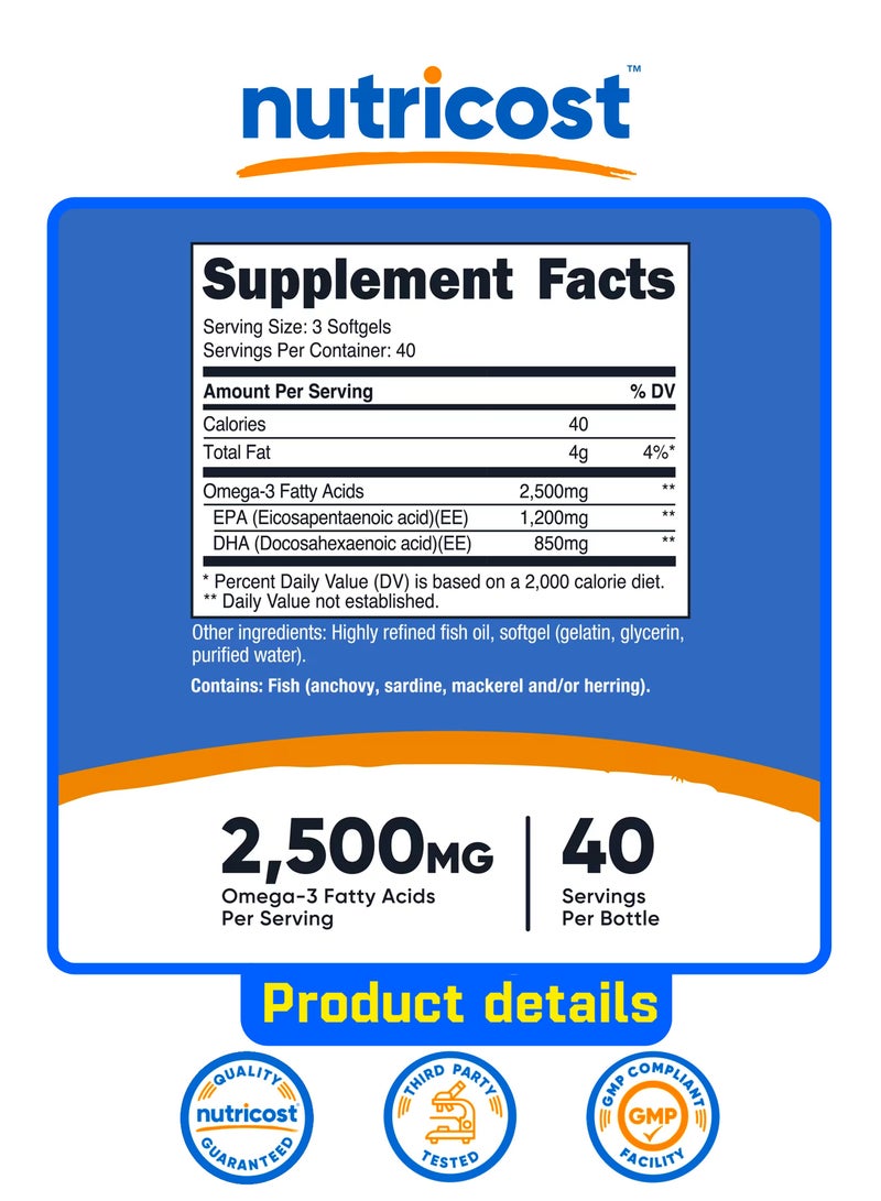 Nutricost Omega 3 Fish Oil - 2500MG, 120 Softgels (40 Serv) - Fish Oil, Wild Caught! 1200mg EPA 850mg DHA - Image 2