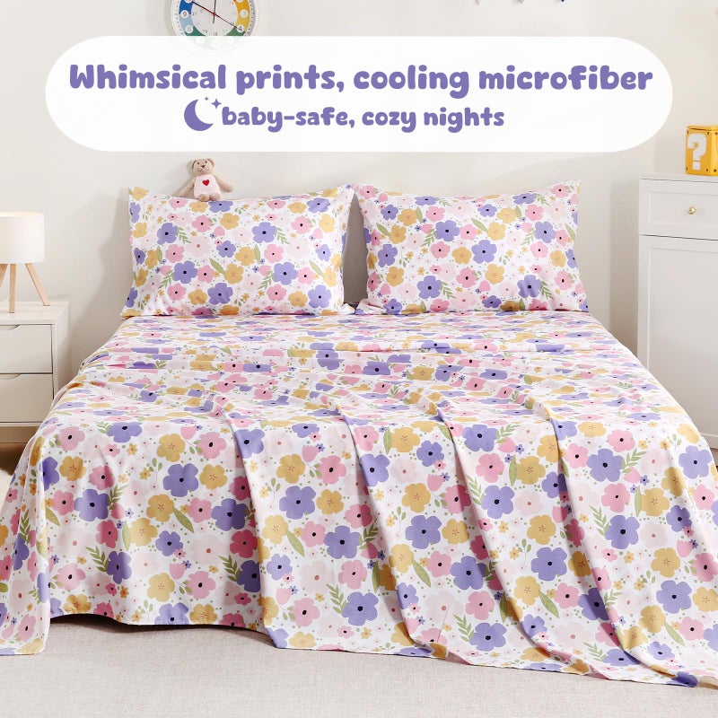 LONAVA Full Sheet Set Kids - 4 Pieces Soft Microfiber Cartoon Style Bedsheets for Boys Girls Teens, Oeko TEX, Breathable Deep Pocket Sheets, (Flower) - Image 4