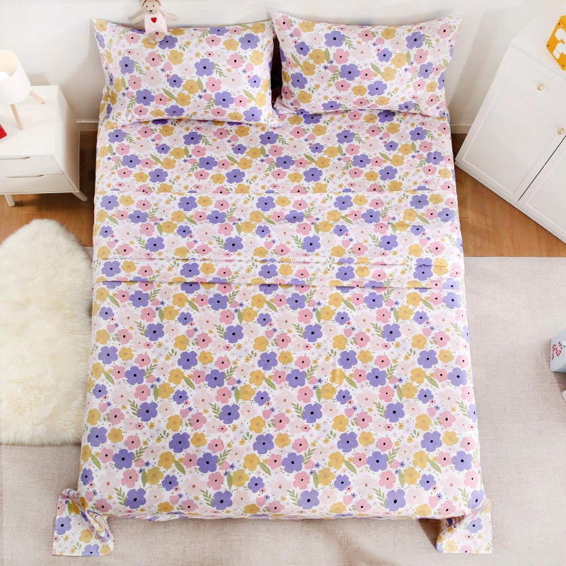 LONAVA Full Sheet Set Kids - 4 Pieces Soft Microfiber Cartoon Style Bedsheets for Boys Girls Teens, Oeko TEX, Breathable Deep Pocket Sheets, (Flower) - Image 2