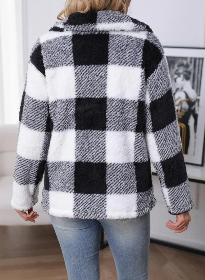 Take Two Take Two Women Checked Button Front Pocket Detail Plush Coat