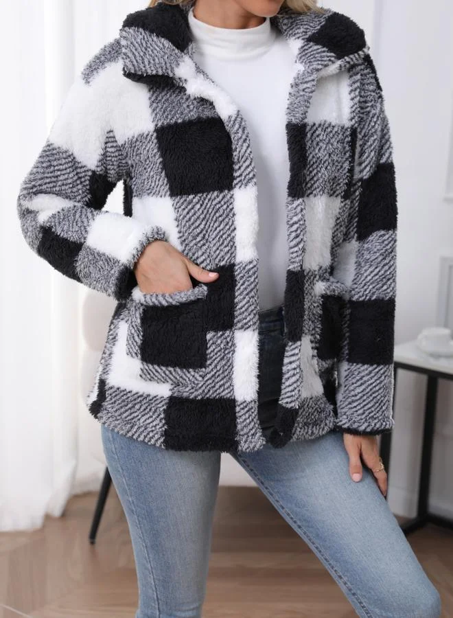 Take Two Take Two Women Checked Button Front Pocket Detail Plush Coat