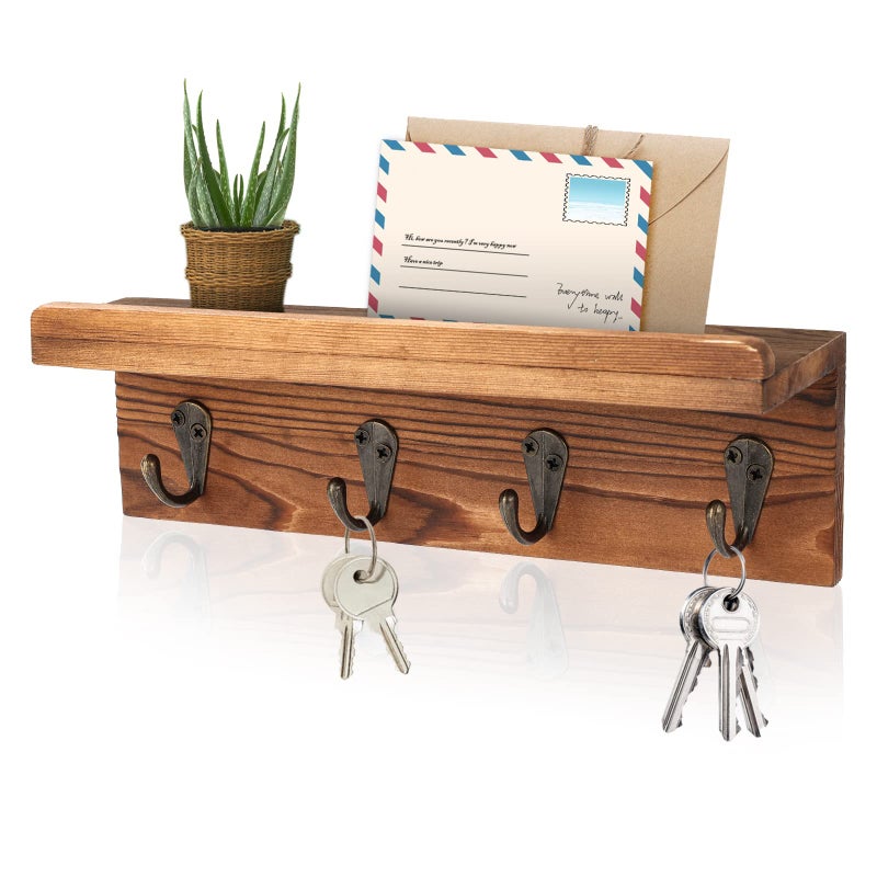 HRONRAD Rustic Key Holder for Wall, Farmhouse Wall Shelf with 4 Hooks, Wall Mounted Key Racks, Wooden Mail Organizer with Hooks for Entryway (Brown - Pine) - Image 1
