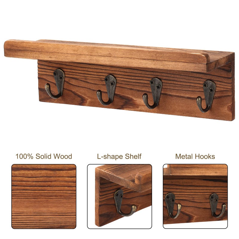 HRONRAD Rustic Key Holder for Wall, Farmhouse Wall Shelf with 4 Hooks, Wall Mounted Key Racks, Wooden Mail Organizer with Hooks for Entryway (Brown - Pine) - Image 3