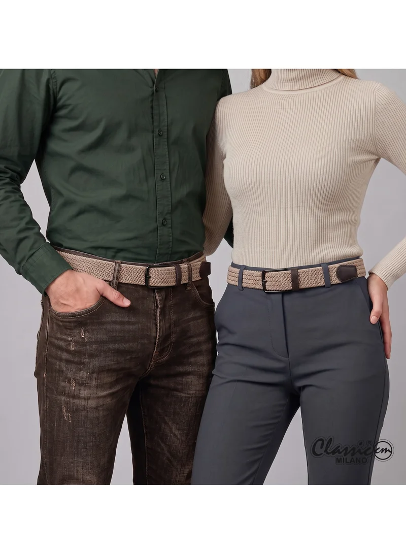Classic Milano Beige (DWE-311) Classic Milano Braided Cotton Elastic Stretch Belt for Men & Women, Woven Canvas Web Belt with Gift Box, Adjustable Men's Belt | Full Length: 110CM (Free Size - Fits up to the waist of 40 Inches / 100 CM)  | Best Price UAE