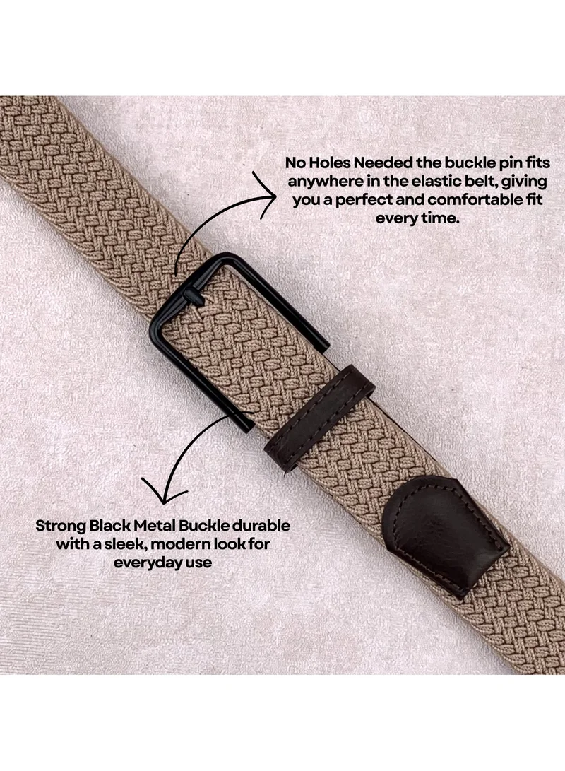 Classic Milano Beige (DWE-311) Classic Milano Braided Cotton Elastic Stretch Belt for Men & Women, Woven Canvas Web Belt with Gift Box, Adjustable Men's Belt | Full Length: 110CM (Free Size - Fits up to the waist of 40 Inches / 100 CM)  | Best Price UAE
