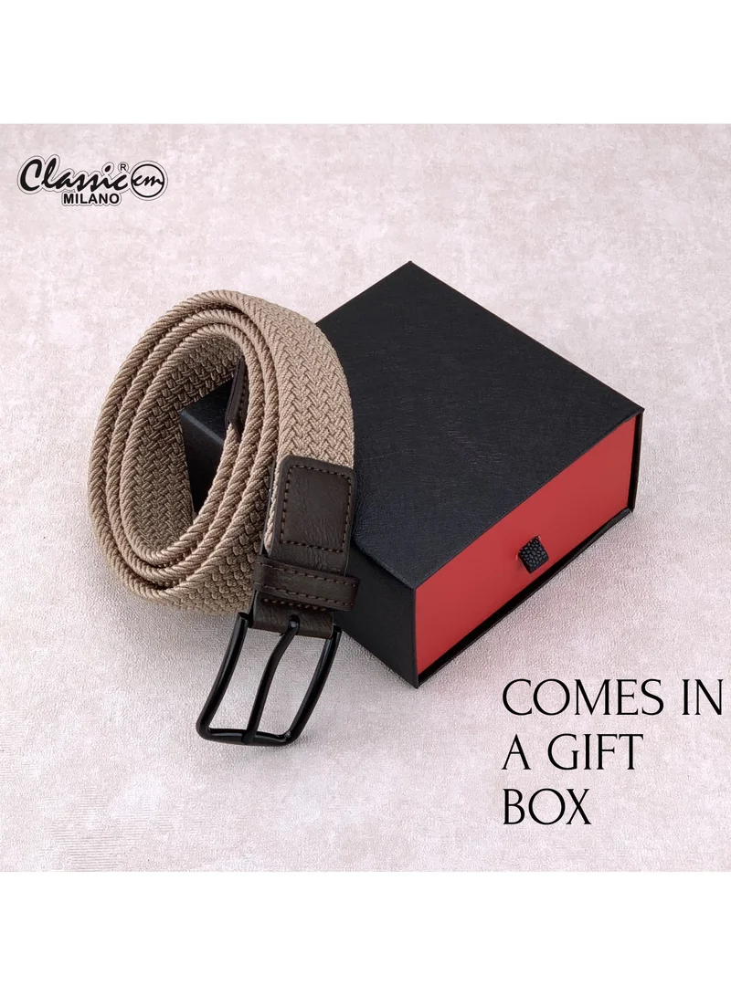 Classic Milano Beige (DWE-311) Classic Milano Braided Cotton Elastic Stretch Belt for Men & Women, Woven Canvas Web Belt with Gift Box, Adjustable Men's Belt | Full Length: 110CM (Free Size - Fits up to the waist of 40 Inches / 100 CM)  | Best Price UAE
