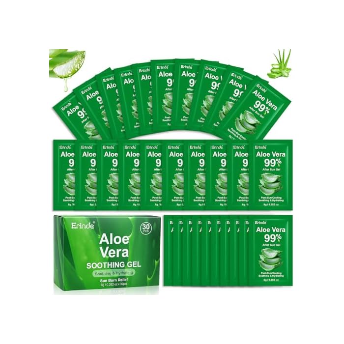 Erinde 30 Pack Travel Size Aloe Vera Gel for Face, Hair & Body, Sunburn Relief, 99% Pure Aloe Vera Gel for After Sun Skin Care Relief, Soothing Hydrating Non-Greasy, Bulk Mini Portable Travel Packet