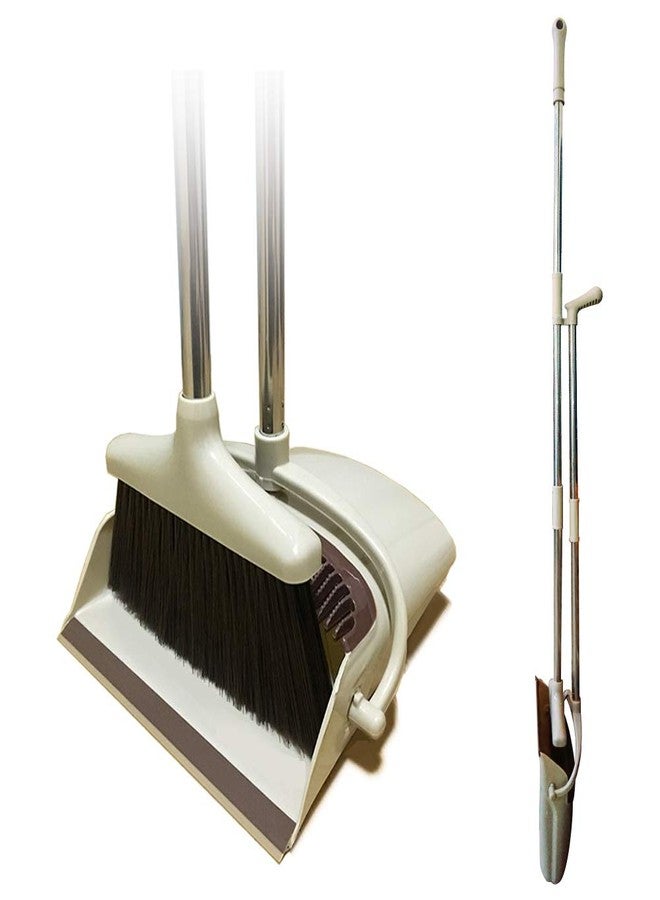 Ulodimi Broom and Dustpan Set Lightweight Upright Lobby Broom and Dust Pan Combo with Long Handle Outdoor Indoor for Home Kitchen Room Office (Brown) - Image 1