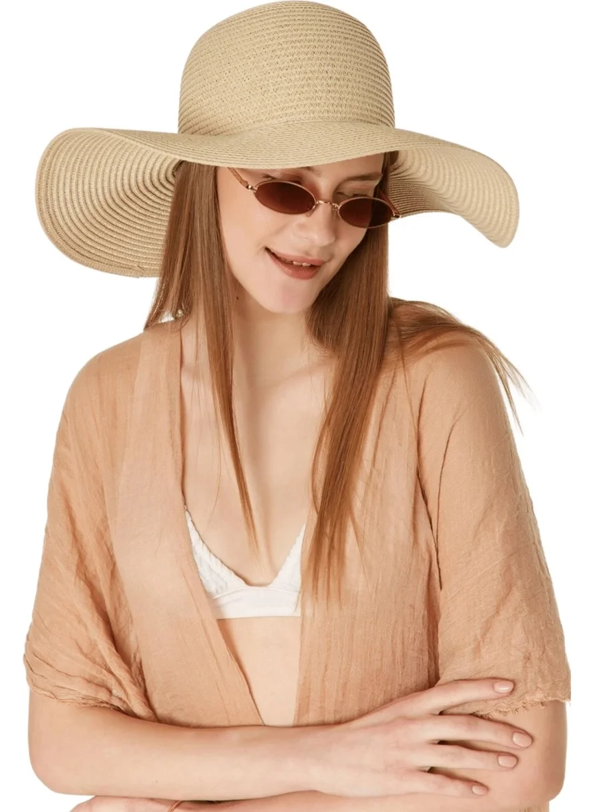 Butikburuc Women's Beige Wide Straw Beach Hat