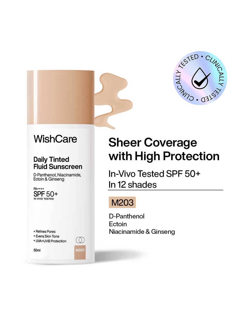 WishCare Daily Fluid Tinted Sunscreen SPF50 PA++++| M203 | Broad Spectrum Protection for all skin types | In-Vivo Tested Tinted Sun Screen | D-Panthenol, Niacinamide, Ectoin & Ginseng | Evens & Protects | 50ml - Image 1