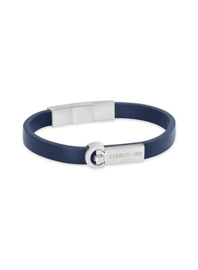 CERRUTI 1881 Oscar Silver Plated Stainless Steel Blue Braided Leather Bracelet for Men 180mm