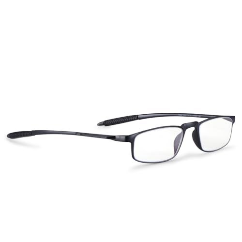 AEC EasyRider Unisex Reading Glasses +1.50 Power Full Rim Stylish Rectangular Blue Light Blocking Lenses with Neck Rest & Pocket Clip – Includes Soft Sleeve Case for Men and Women (Black) - Image 4