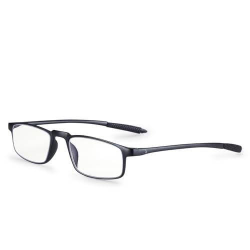 AEC EasyRider Unisex Reading Glasses +1.50 Power Full Rim Stylish Rectangular Blue Light Blocking Lenses with Neck Rest & Pocket Clip – Includes Soft Sleeve Case for Men and Women (Black) - Image 1