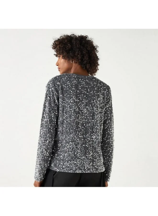 2Xtremz 2Xtremz Sequin Embellished Top with Round Neck and Long Sleeves
