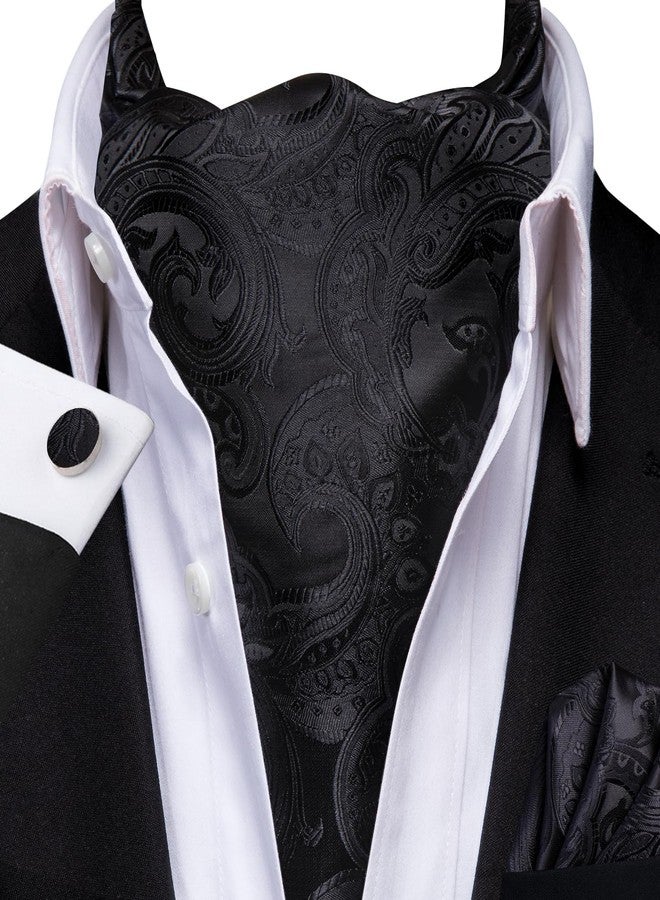 Dubulle Paisley Floral Ascot Tie for Men Self Tie Mens Cravat Tie and Pocket Square Cufflinks Wedding,Black - Image 2
