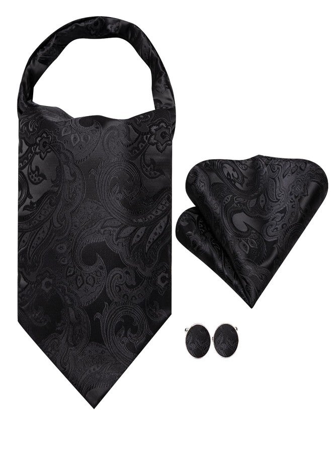 Dubulle Paisley Floral Ascot Tie for Men Self Tie Mens Cravat Tie and Pocket Square Cufflinks Wedding,Black - Image 4