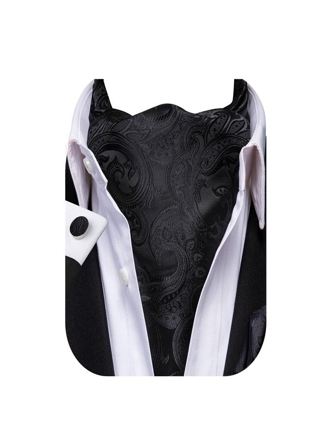 Dubulle Paisley Floral Ascot Tie for Men Self Tie Mens Cravat Tie and Pocket Square Cufflinks Wedding,Black - Image 1