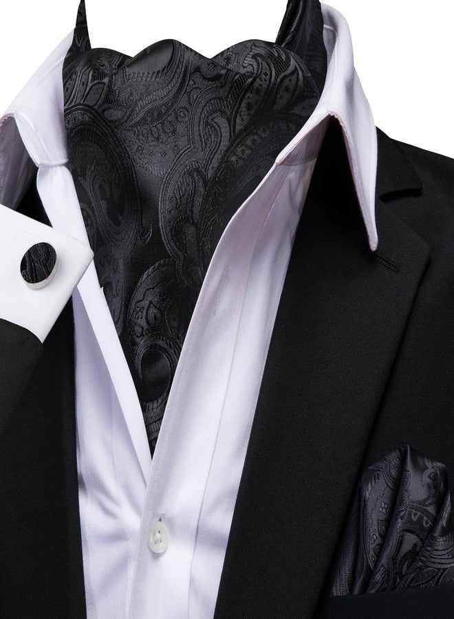 Dubulle Paisley Floral Ascot Tie for Men Self Tie Mens Cravat Tie and Pocket Square Cufflinks Wedding,Black - Image 3