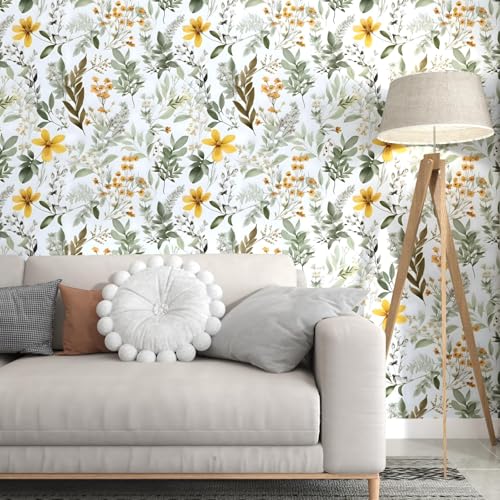 Laatse Green Leaf Wallpaper Peel and Stick Vintage Yellow Floral Contact Paper 175 x 197 Botanical Wall Paper Self Adhesive Removable Waterproof for Bathroom Bedroom Shelves Cabinet Drawer Table Decor - Image 3