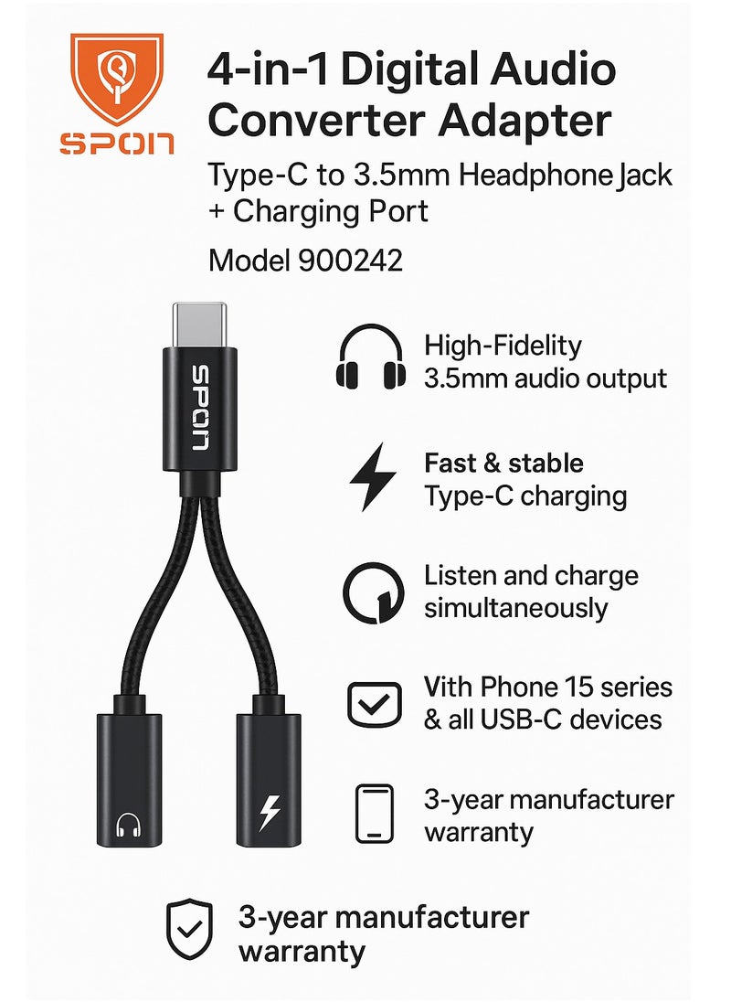 SPON 4-in-1 Digital Audio Converter Adapter, Type-C to 3.5mm Headphone Jack + Charging Port, High-Fidelity Sound, Compatible with USB-C Devices Including iPhone 15 Series