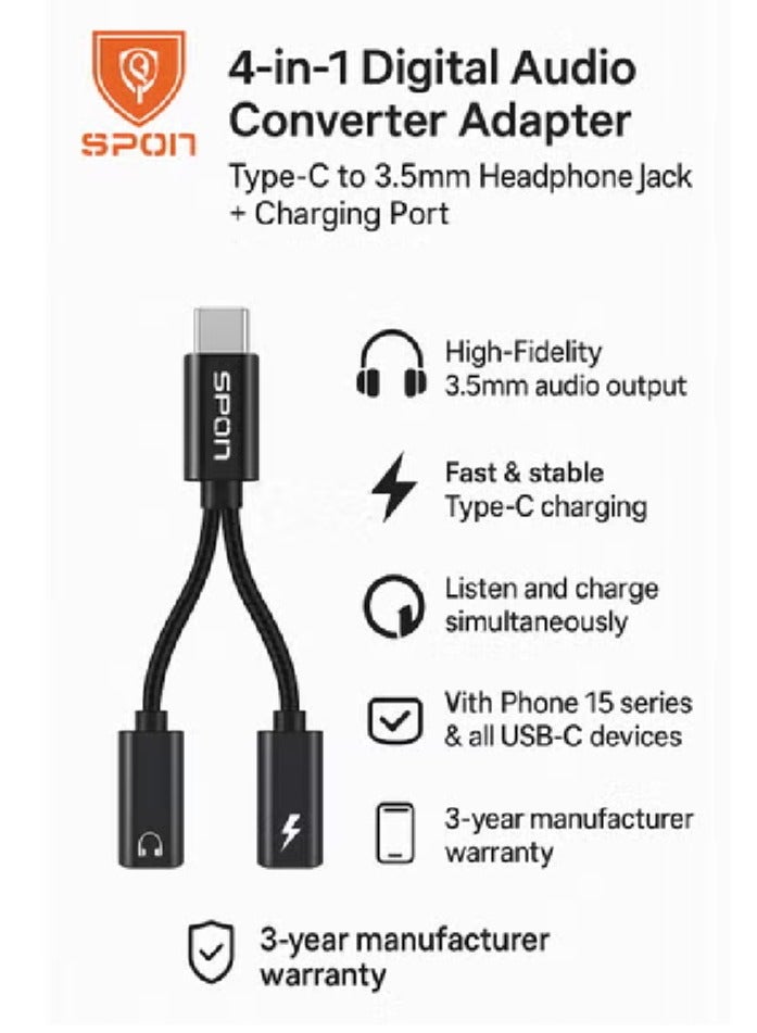 SPON 4-in-1 Digital Audio Converter Adapter, Type-C to 3.5mm Headphone Jack + Charging Port, High-Fidelity Sound, Compatible with USB-C Devices Including iPhone - Image 3