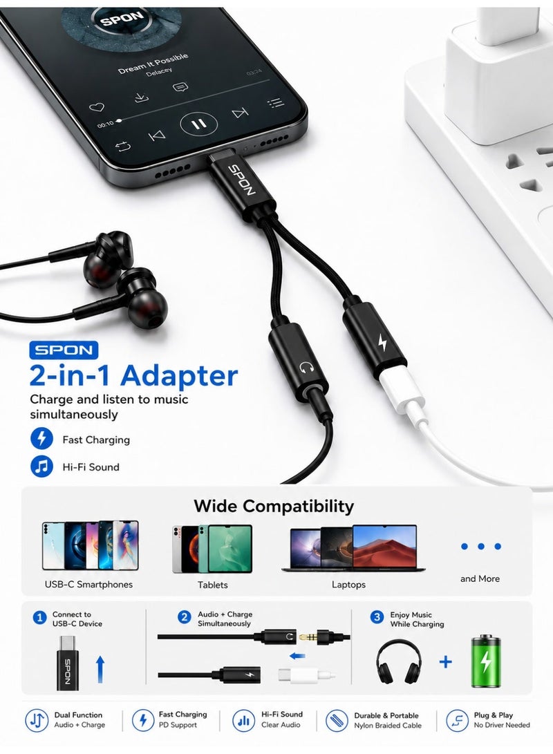 SPON USB-C 4-in-1 Adapter with 3.5mm Audio Jack, PD Fast Charging & OTG Data Transfer – Compatible with Samsung Galaxy, iPhone 15 Series, iPad & USB-C Devices - Image 2