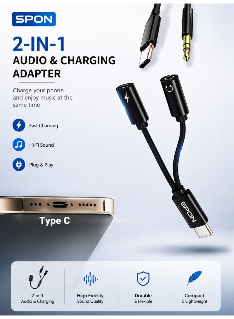 SPON USB-C 4-in-1 Adapter with 3.5mm Audio Jack, PD Fast Charging & OTG Data Transfer – Compatible with Samsung Galaxy, iPhone 15 Series, iPad & USB-C Devices - Image 3