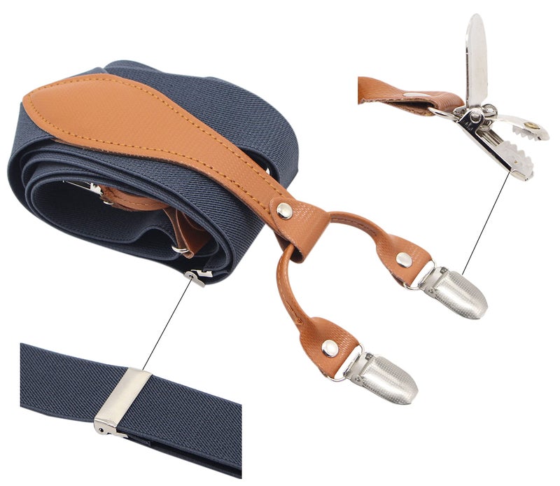 Timiot Mens Suspender Wide Leather 6 Metal Clips Adjustable Straps Y Shape (Dark Grey) - Image 2