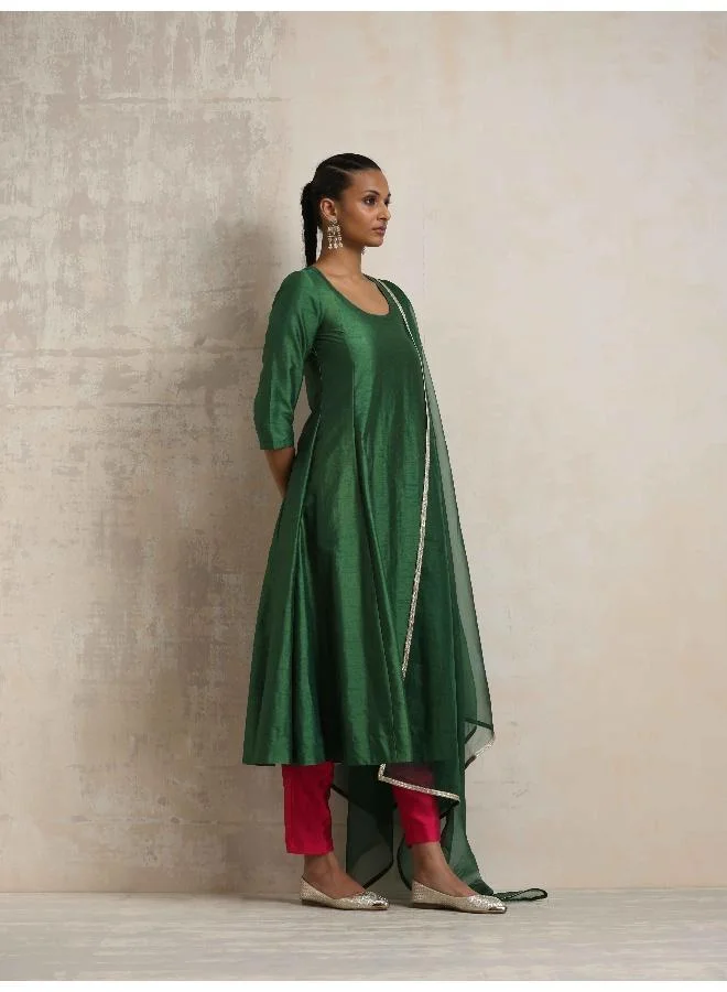 trueBrowns Dark Green Anarkali Kurta Pant Dupatta Set