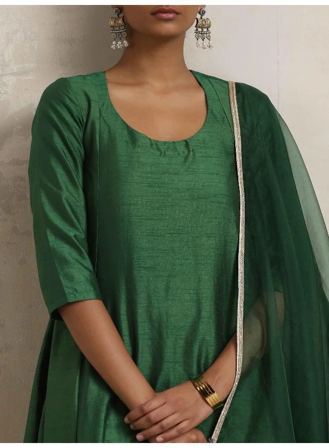 trueBrowns Dark Green Anarkali Kurta Pant Dupatta Set