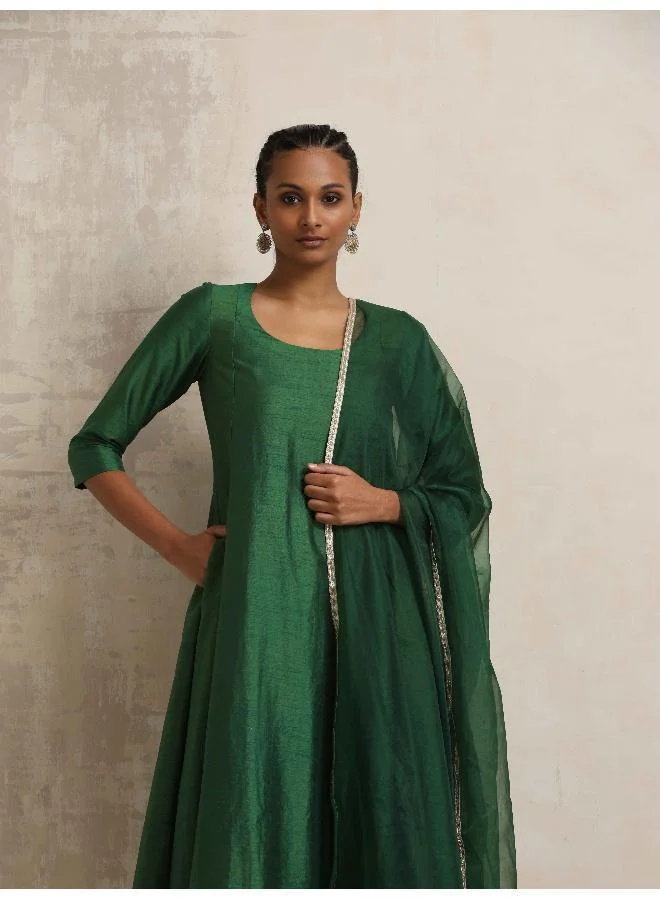 trueBrowns Dark Green Anarkali Kurta Pant Dupatta Set