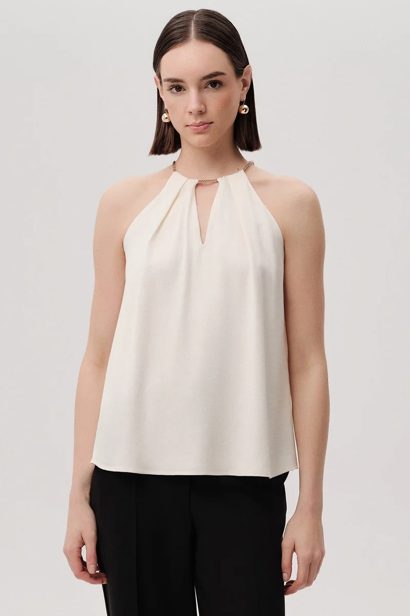 EXQUISE Chain Detail Halter Neck Regular Cream Blouse