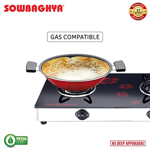 SOWBAGHYA Non-Stick Aluminium Deep Appam Kadai — Red | 2.6mm Thick | Glass Lid | Appachatti | Gas Stove Compatible | Perfect for Appam, Paniyaram & South Indian Breakfast | with Lid - Image 5