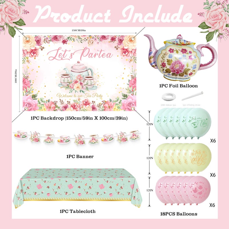jenlion Tea Party Decorations For Women,Pastel Balloons,Tea Party Backdrop,Banner,Teapot Mylar Foil Balloon,Table Cloth,Paper pom poms Party Supplies for Girls - Image 2