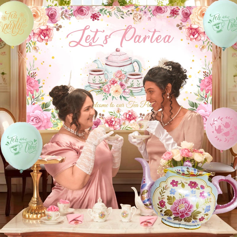 jenlion Tea Party Decorations For Women,Pastel Balloons,Tea Party Backdrop,Banner,Teapot Mylar Foil Balloon,Table Cloth,Paper pom poms Party Supplies for Girls - Image 3