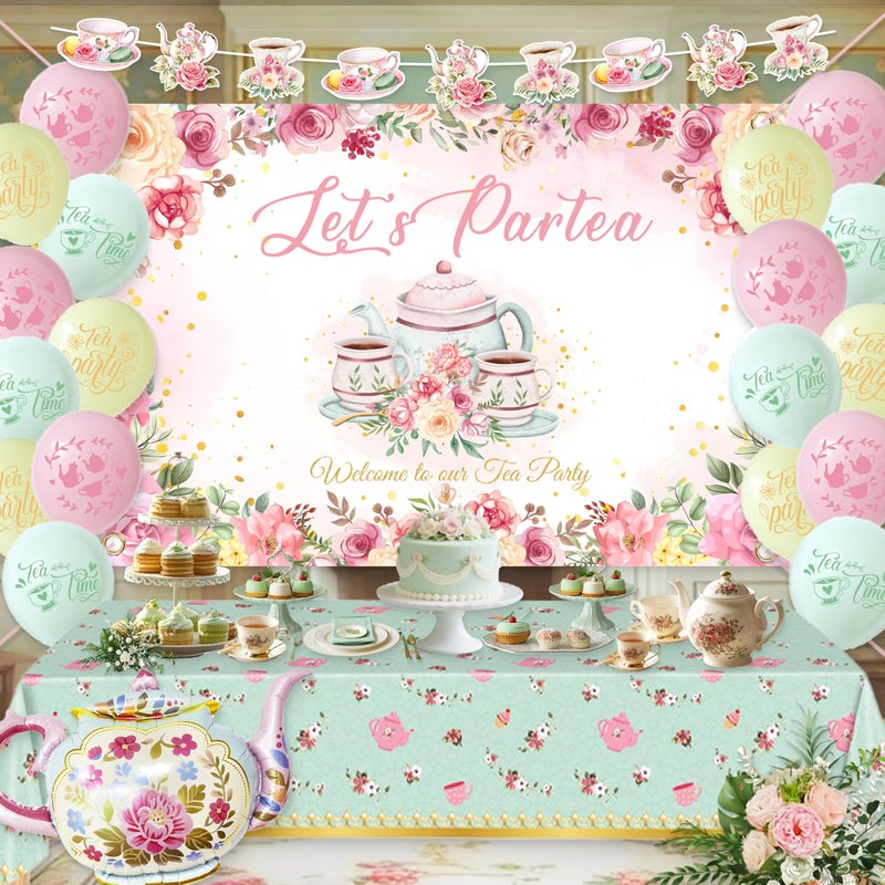 jenlion Tea Party Decorations For Women,Pastel Balloons,Tea Party Backdrop,Banner,Teapot Mylar Foil Balloon,Table Cloth,Paper pom poms Party Supplies for Girls - Image 1