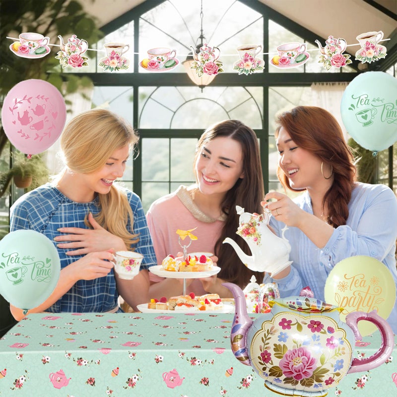jenlion Tea Party Decorations For Women,Pastel Balloons,Tea Party Backdrop,Banner,Teapot Mylar Foil Balloon,Table Cloth,Paper pom poms Party Supplies for Girls - Image 5