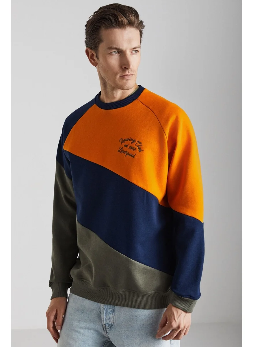 GRIMELANGE COLWAY Men's Cotton-Polyester Navy Blue/Khaki/Orange Sweatshirt