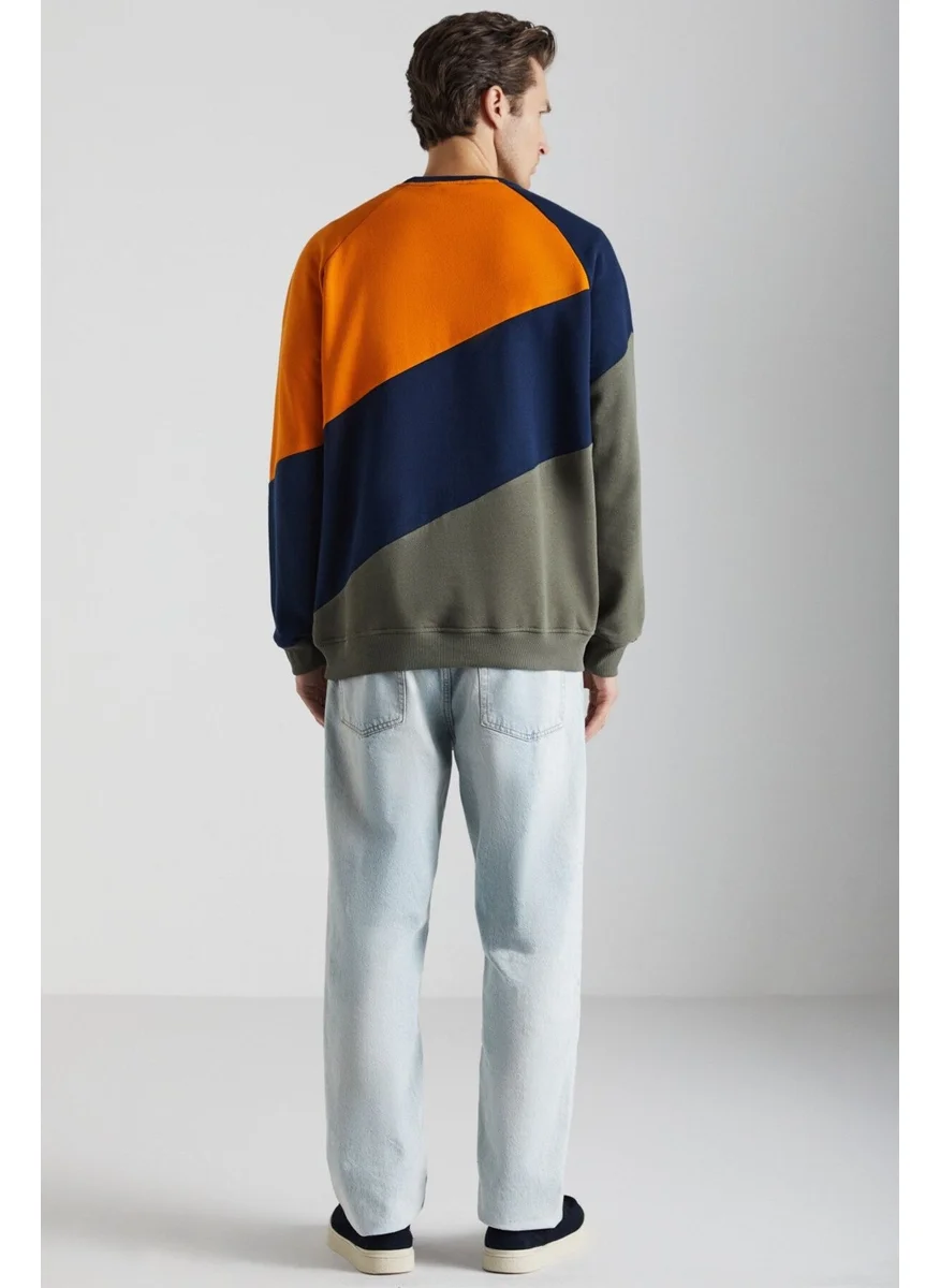 GRIMELANGE COLWAY Men's Cotton-Polyester Navy Blue/Khaki/Orange Sweatshirt