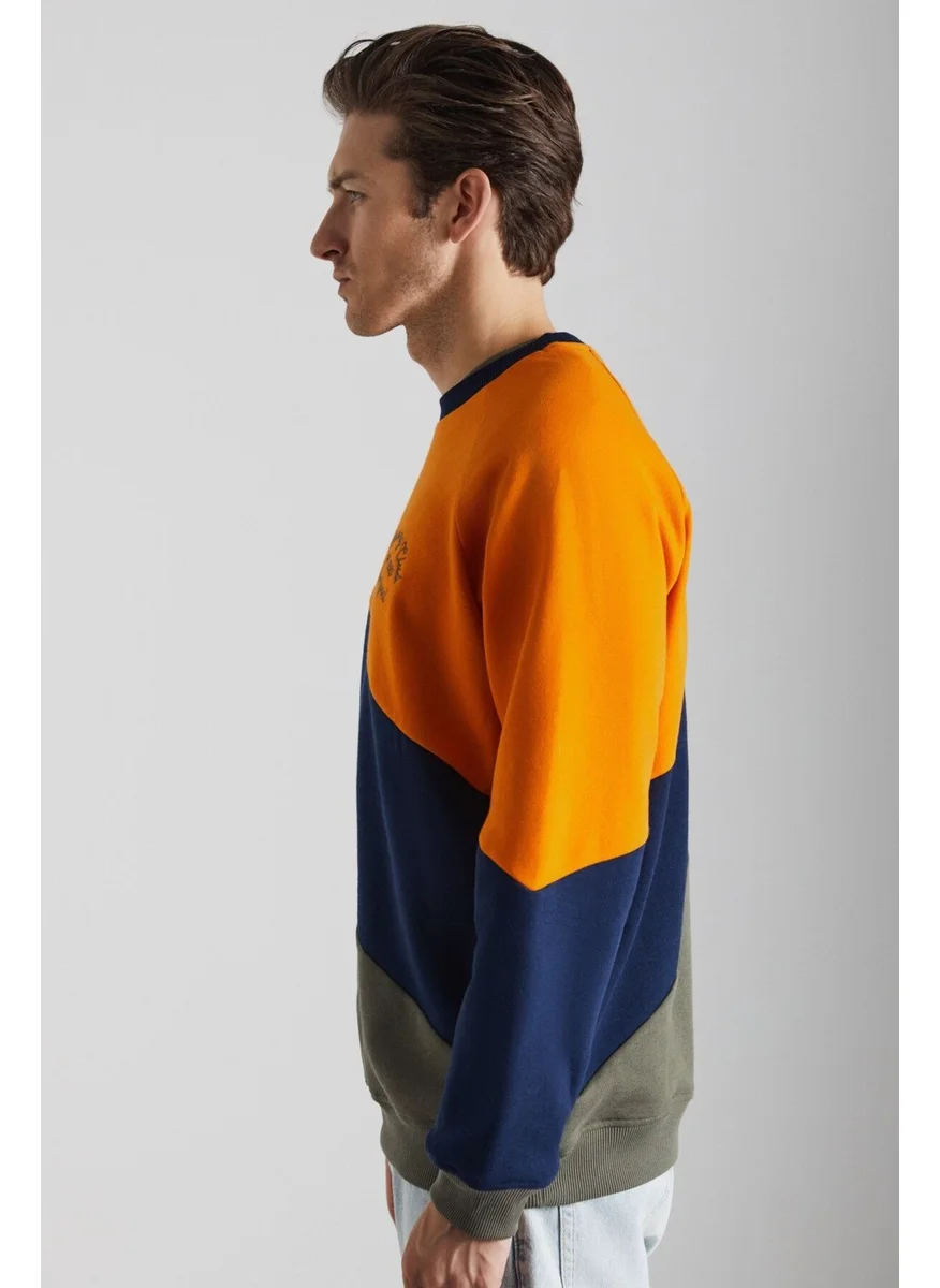 GRIMELANGE COLWAY Men's Cotton-Polyester Navy Blue/Khaki/Orange Sweatshirt