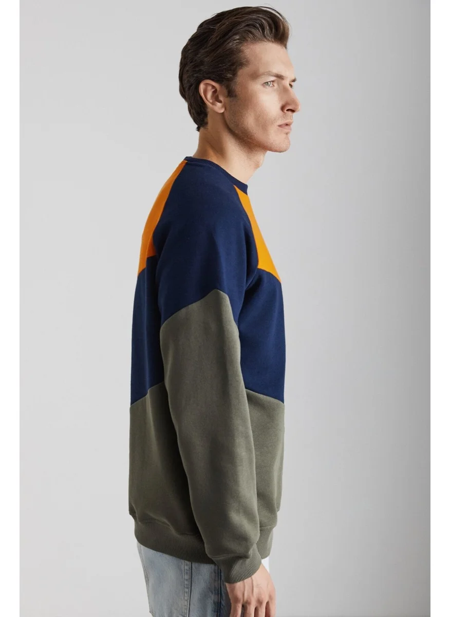 GRIMELANGE COLWAY Men's Cotton-Polyester Navy Blue/Khaki/Orange Sweatshirt