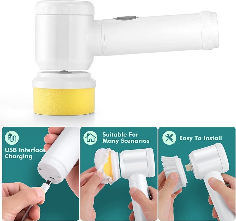 Welofy Welofy Electric Cleaning Brush 5 in 1 Magic Power Scrubber with 3 Brush Heads for Kitchen Shower Bathtub Bidet Sofa Carpets  - Image 3